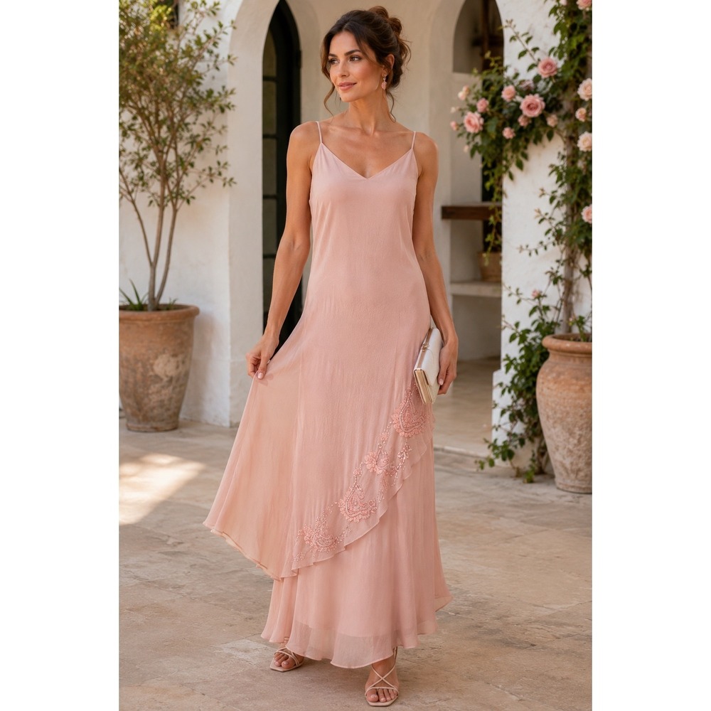 Scala Vintage 100% Silk Pink Beaded Floral Maxi Dress & Jacket Set Womens S - Picture 2 of 16
